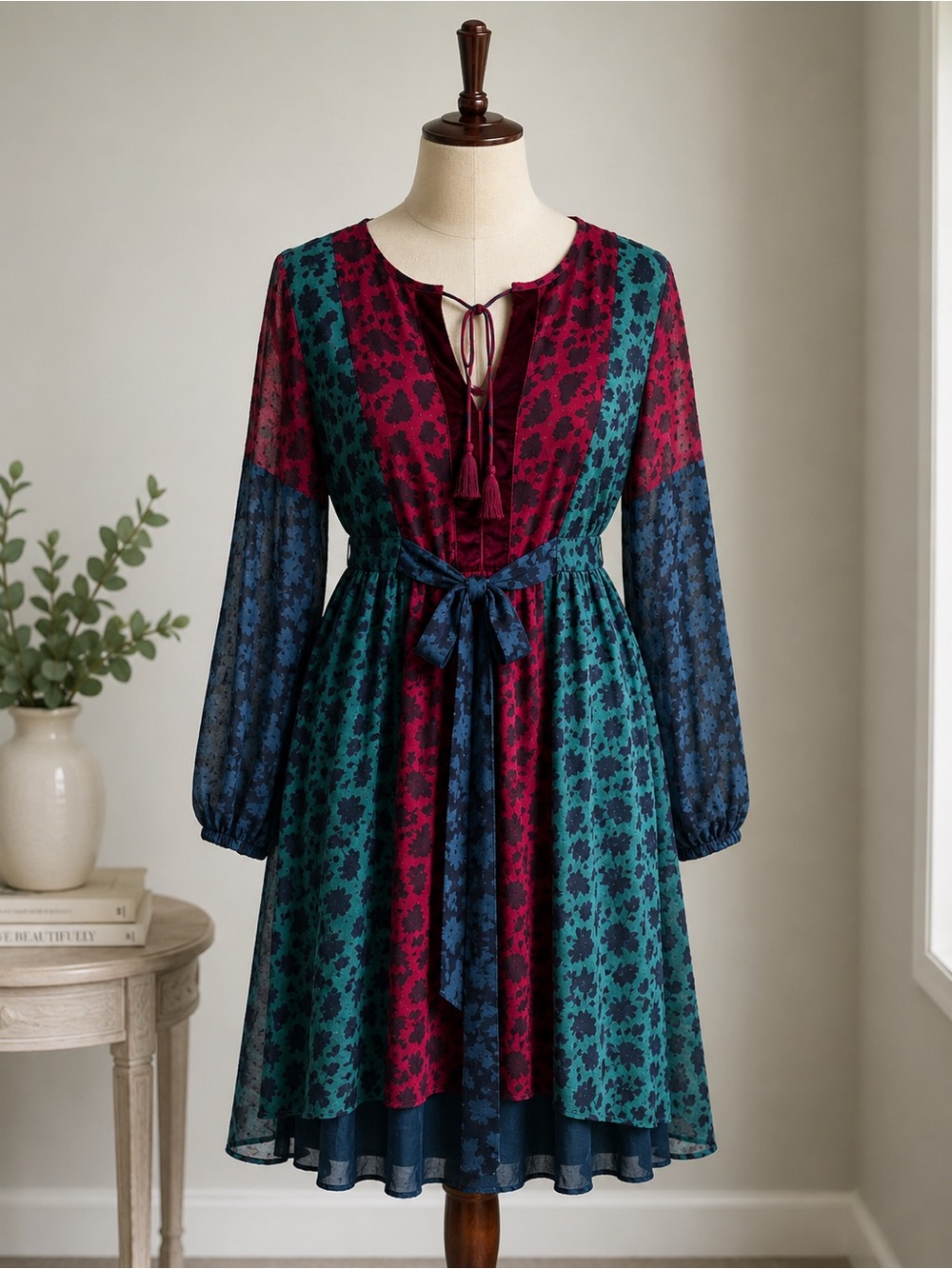 Matilda Jane Teal, Burgundy & Navy Floral Tie-Waist Long Sleeve Dress